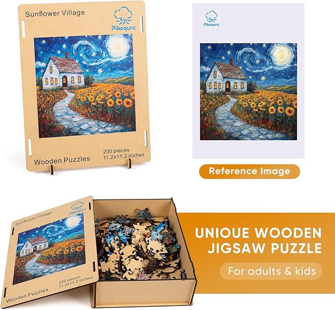 Pikoqunc Sunflower Village Wooden Puzzles for Adults,500 Pieces 15.9x15.9 in,Charming Countryside Jigsaw Puzzle with Unique Laser-Cut Pieces and Exquisite Box, for Family Fun and Festival