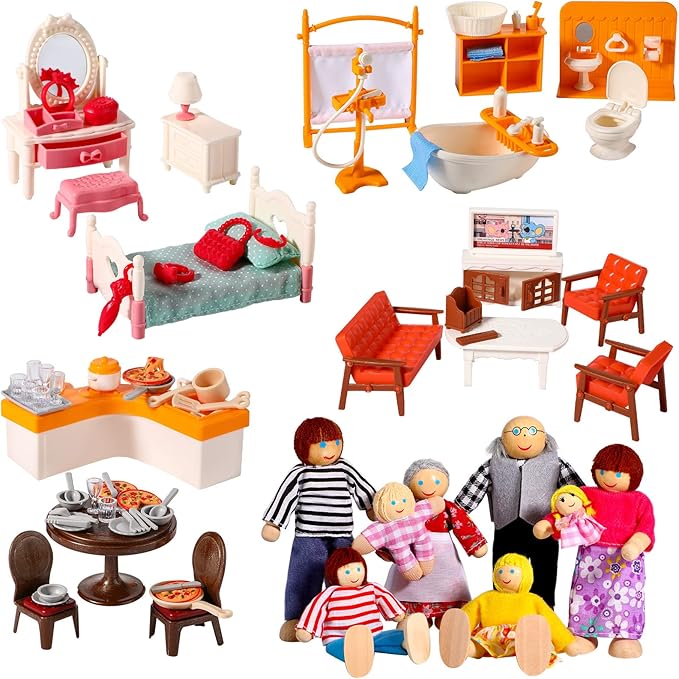 HyDren 83 Pcs Wooden Dollhouse Furniture Set with 8 Flexible Dolls for 5 Rooms Kits Kitchen, Dining, Living Room, Bedroom, Bathroom Dollhouse Accessories and Furniture Toys for Girl Boy Toddlers Gift