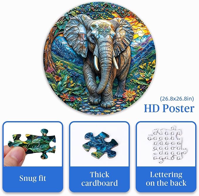 Round Jigsaw Puzzle 1000 Pieces - Majestic Elephant Art Design - 26.6" Circular Challenge, Wildlife Jungle Scene, Mindful Stress Relief Gift for Adults & Teens