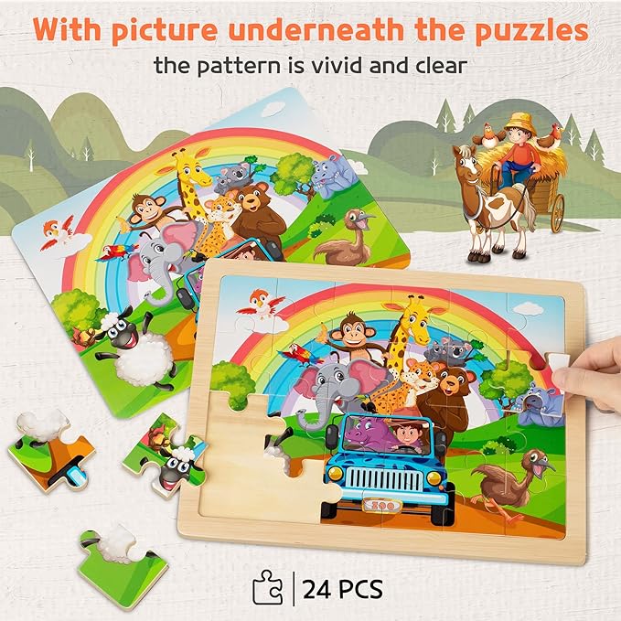 SYNARRY Large Animals Wooden Puzzles for Kids 4 in 1 Gift Box(12.2 * 9.4 in), Jigsaw Puzzles for Toddlers 3-5, Puzzles for Kids Ages 4-6, Easter Basket Stuffers Gifts Toys for Kids