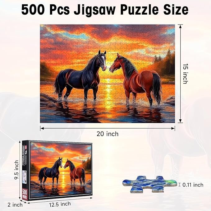 500 Piece Puzzles for Adults, Horse Sunset Landscape Jigsaw Puzzle with Letters on Back, Cardboard Puzzle for Game Nights & Home Decor, 20.5×15 Inch