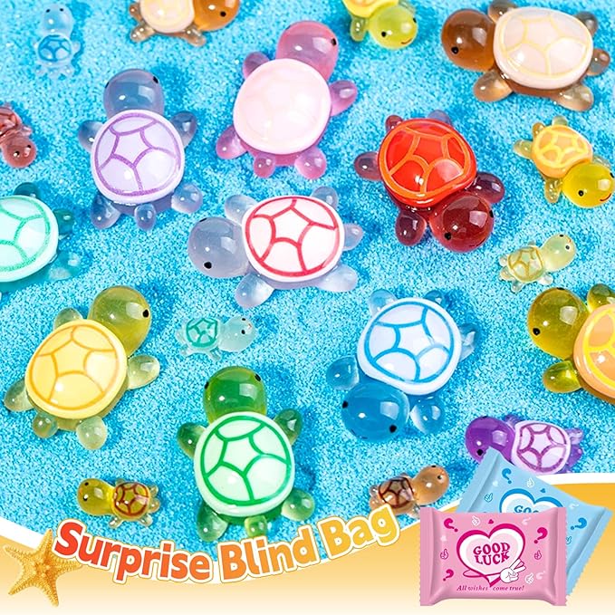 42 Pack Mini Turtle Blind Bags for Kids - Glow in The Dark Resin Turtles| Collectible Sea Turtle Toys for Party Favors, Treasure Hunt Games | Dollhouse Decor, Mini Garden Landscape, Cake Toppers