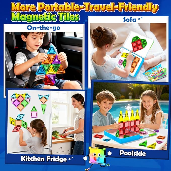 Soyee Easter Basket Stuffers for Toddler Kids Mini Magnetic Tiles 60PCS Toddler Kids Toys Travel Set with Metal Tin Case, Portable STEM Building Blocks Kids Toy for 3-12 Year Old Boys & Girls