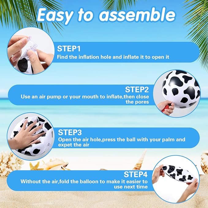 12 Pieces Inflatable Beach Ball Set - 10 Inch Cow Print Beach Balls for Theme Party Supplies Summer Pool Decor Cowgirl Cowboy Farm Animal Birthday Fun Party Favors