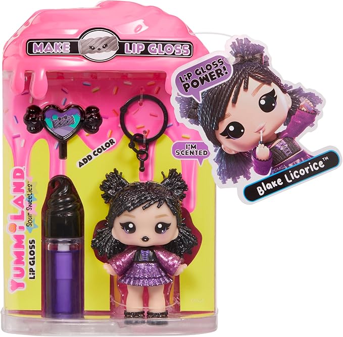 Yummiland Lip Gloss Doll: Sour Sweeties - Blake Licorice Includes DIY Lip Gloss + Removable Keychain, Cosmetic Play, Collectible, Ages 4+