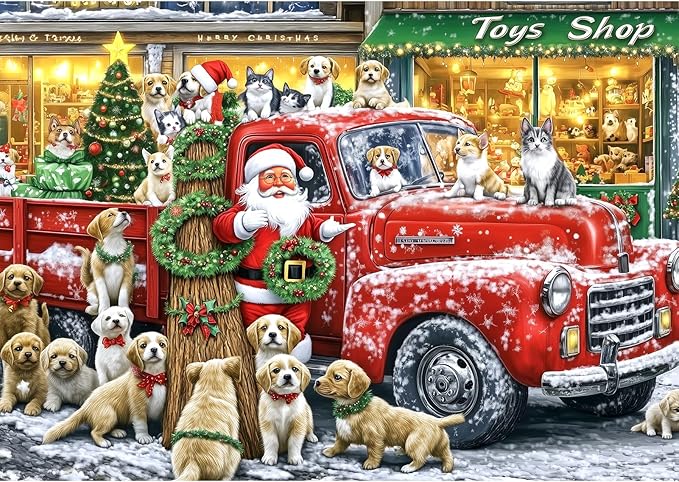 Christmas Puzzle Jigsaw Puzzles for Adults 1000 Pieces Red Truck and Dog, Santa Claus Toy Shop with Letters on Back No Dust for Holiday Party Family Fun Decor, Finished Size 27.5" x 19.7"