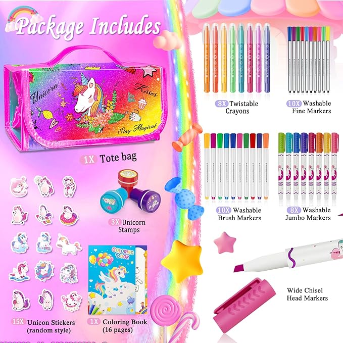 weirtoya 56 PCS Washable Scented Markers with Glitter Pencil Case, Mermaid Unicorn Arts and Crafts for kids 4-6-8 Kids Coloring Drawing Kits for 4-8 Years Old Girls Xmas Gifts Stocking Stuffers