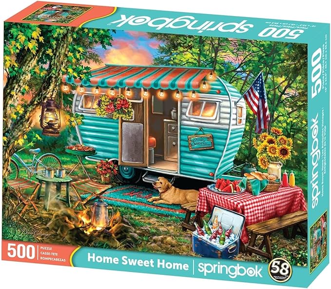 Springbok Home Sweet Home 500 Piece Jigsaw Puzzle - This Colorful Illustration of a Vintage Camper is Ideal for Camping Enthusiasts