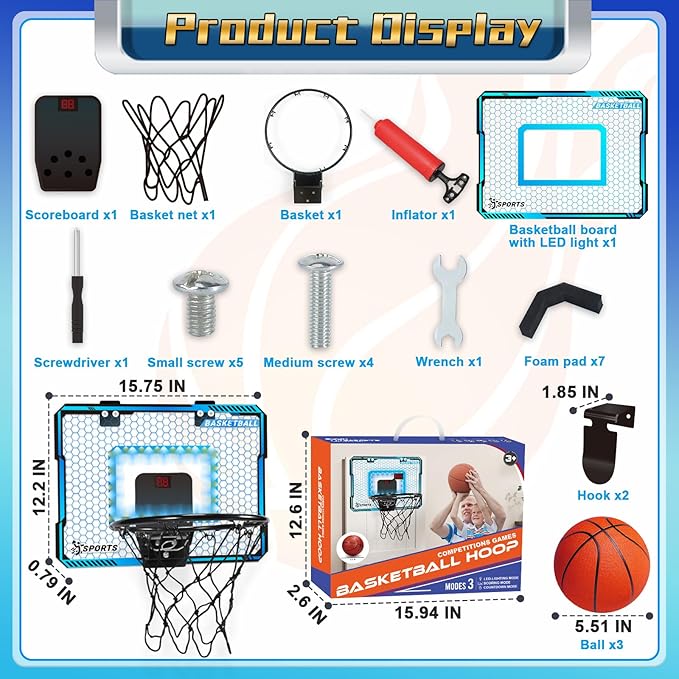 Basketball Hoop Indoor with LED Lights, Basketball Toys Gifts for 5 6 7 8 9 10+ Year Old Boys Kids, Indoor Over The Door Mini Basketball Hoops with Electronic Scoreboard & 3 Balls