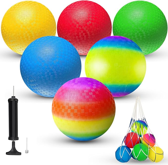 8.5 Inch Playground Balls Dodgeballs for Kids & Adults, Pack of 6 – Inflatable Colorful Rubber Kickball with Ball Pump and Net Bag