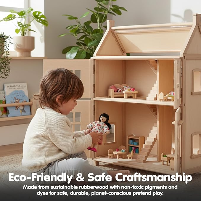 PlanToys® Mother Wooden Dollhouse Figurine | Poseable 1:12 Scale Mini Doll (5 Inch) | Dollhouse Accessories for Pretend Play | Eco-Friendly Montessori Toy for Kids Ages 3+