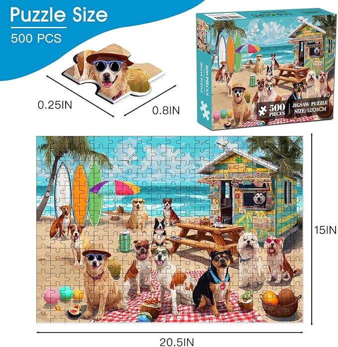 500 Piece Puzzle for Adults – Beach Dog Jigsaw Puzzle 500 Pieces for Adults – Interlock Perfectly Letter on Back No Dust, Home Decor Birthday Party Gift Toy for Men Women Elders Seniors