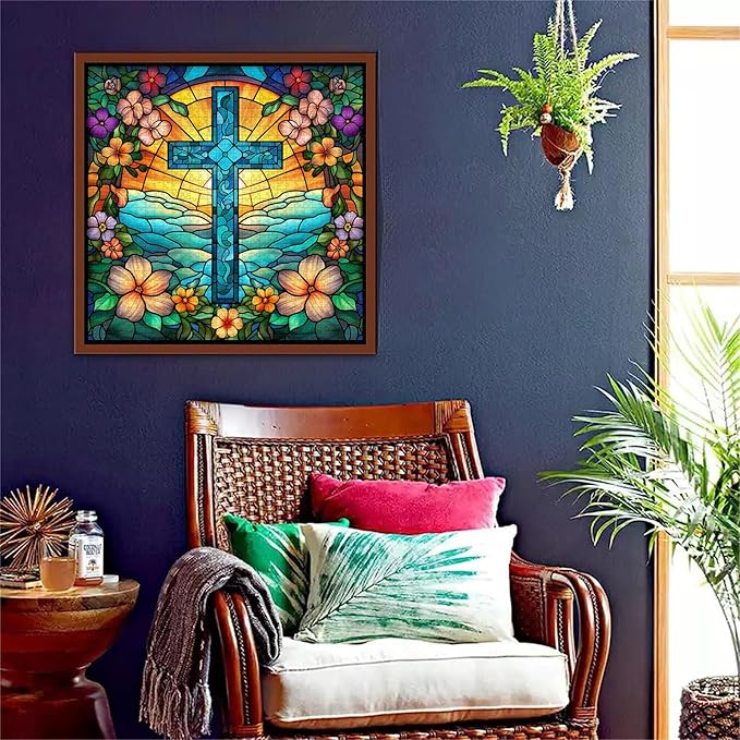Cross Stained Glass Puzzles for Adults 1000 Pieces and up, PICKFORU Christian Puzzles with Colorful Flower, Religious Puzzle as Home Decor