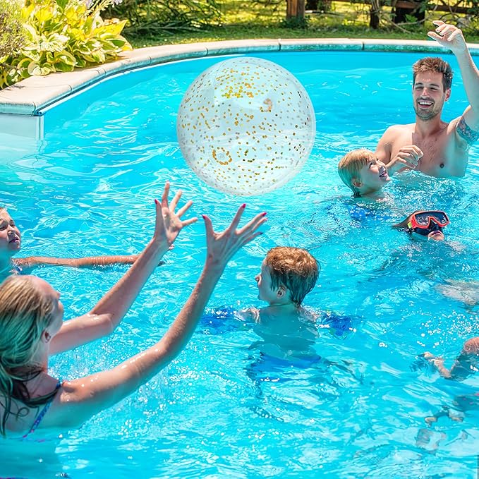 FUTUREPLUSX 16 Inch Glitter Beach Balls, 2PCS Swimming Pool Balls Inflatable Beach Ball with Gold Confetti for Kids Birthday Summer Pool Party