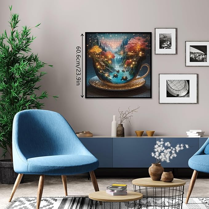 Fantasy Teacup Landscape Puzzles for Adults 1000 Pieces, Magic Starry Night Jigsaw Puzzle, Cottage Waterfall Boat Puzzle