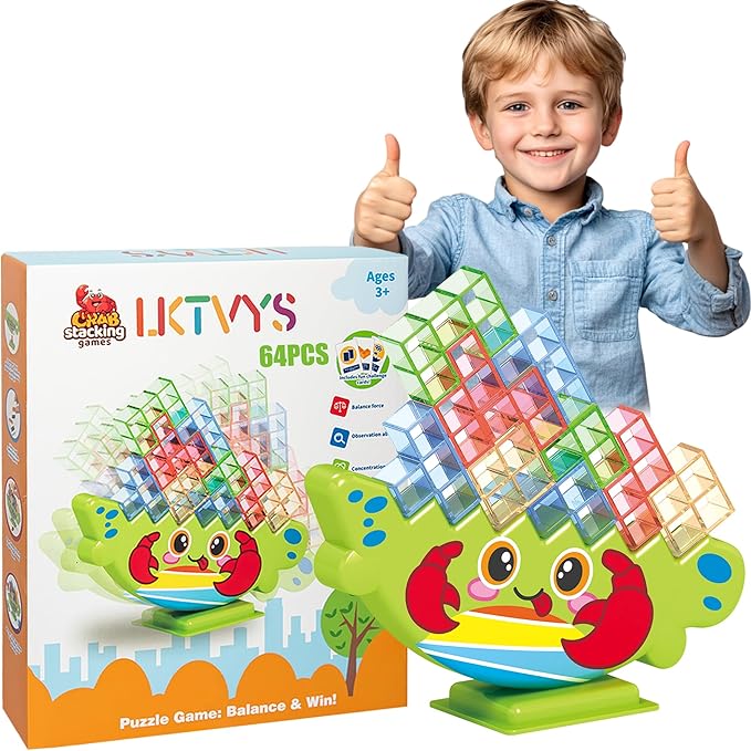 64PCS Crab Stacking Blocks – Montessori Balance Game Toy for Kids, STEM Fine Motor Skill Builder, Colorful Building Toy for Toddlers & Preschool Learning Ages 3+