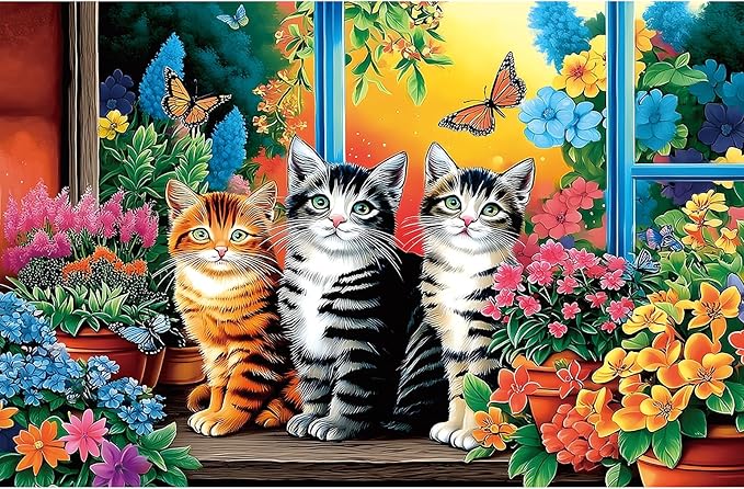 MINIWAN 500 Piece Puzzles for Adults - Cute Kitten Floral Window Jigsaw Puzzle, 23x15 Inches with Unique Irregular Shaped Pieces for Relaxation & Home Wall Decor