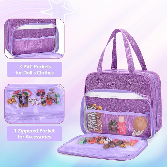 LoDrid Doll Case Compatible with Monster High Dolls with 6 Transparent Pockets for Display and Storage, Tote Bag with Front Pocket and Handle, Purple, Bag Only