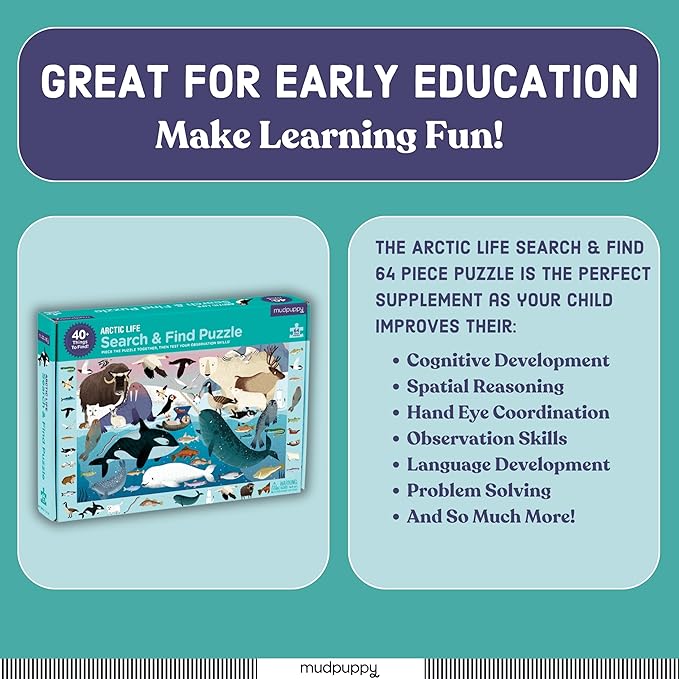 Mudpuppy Arctic Life Search & Find Puzzle, 64 Pieces, 23”x15.5” – For Kids Age 4-7 - Colorful Illustrations of Animals, Fish, Birds Living in the Arctic – Complete Puzzle to Find 40+ Hidden Images