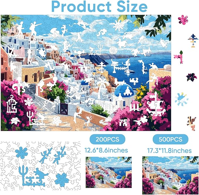 Mys Aurora 500 Pieces Puzzles for Adults, Santorini Wooden Puzzles, Unique Shaped Jigsaw Puzzle Birthday Scenery Gift Challenging Family Game for Kids and Adults 17.8 * 11.3 inch