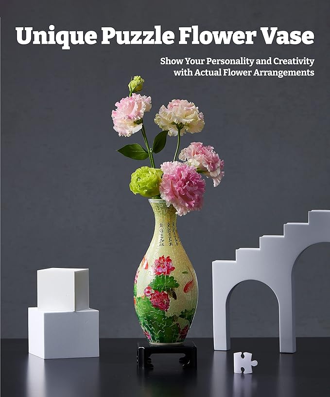 Pintoo 3D Puzzle Vase Unique Flower Vase Made by 160 Curved Plastic Puzzle Pieces House Warming Gift for Flower Arrangements and Home Decoration, for Mom [S1024] (Translucent, Carp with Lotus)