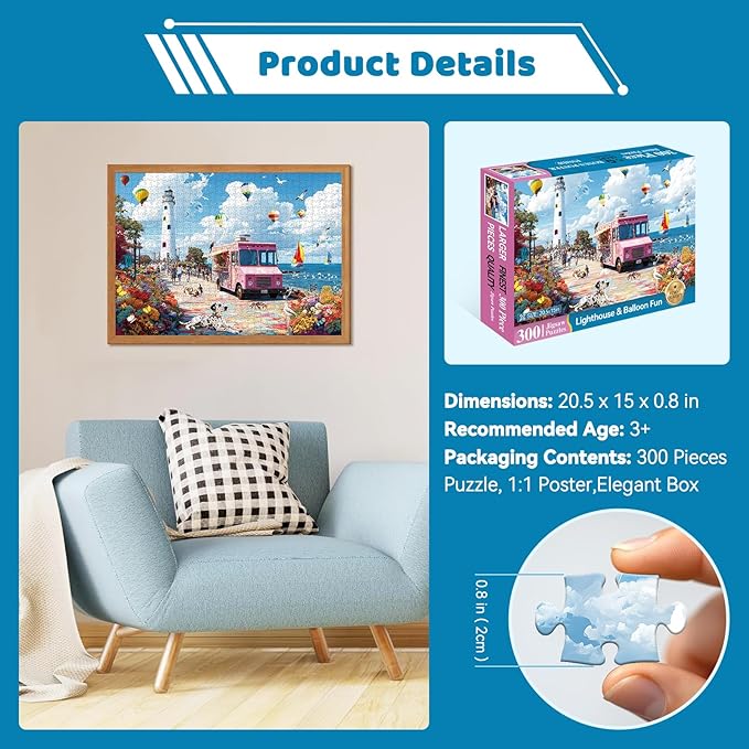 300 Piece Puzzles for Adults, Spring & Summer 300 Piece Puzzles for Adults Large Piece, Hot Air Balloon Ice Cream Truck Jigsaw Puzzle Gift for Adult Kids Family Games Toy, 20.5 X 15 in