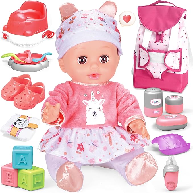 Toy Choi's Baby Doll with Baby Backpack Care PlaySet, 14'' Dolls with Accessories Includes Feeding Set, Pretend Play Toddler Toys for 3 4 5+ Years Old Girls Kids