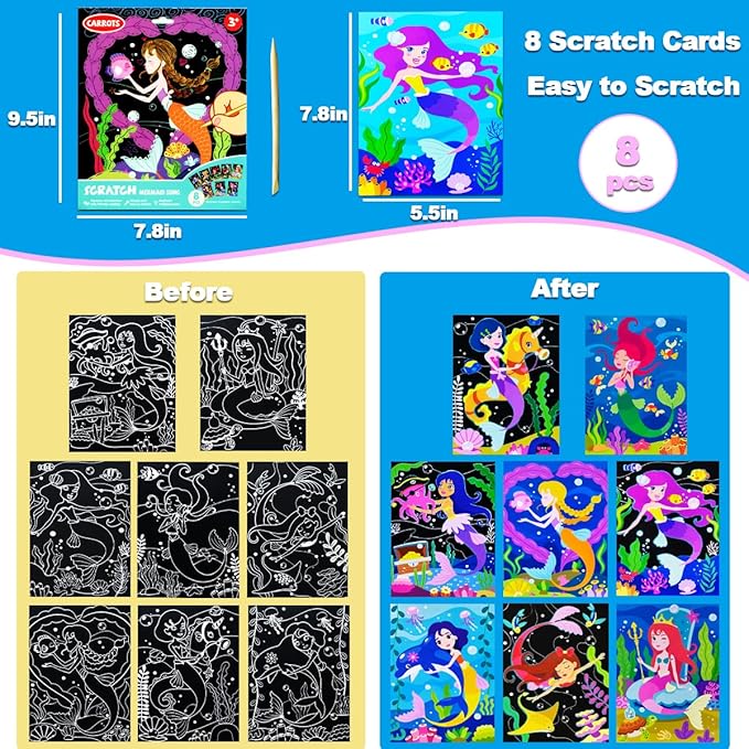 JUNQIU Scratch Art for Kids, Mermaid Black Rainbow Scratch Art Paper Set-Arts and Crafts Kits & Supplies, Mermaid Toys Gifts for Toddlers Girls Birthday Christmas
