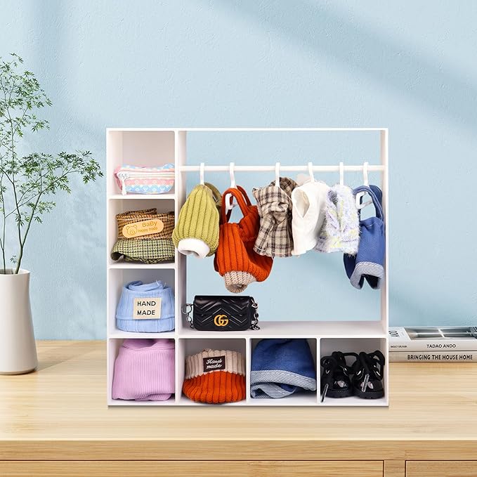 Doll Clothes Closet/Wardrobe Large Plus 10 Hangers, Doll Accessories Display Box, Clothes Storage for Figures, Portable Storage for Fashion Doll Clothes, Gift (White)