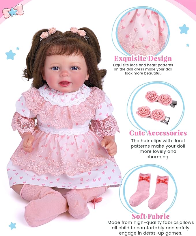 BABESIDE 5 Pcs Reborn Baby Doll Clothes Accessories Set for 17-22 Inch Dolls, Reborn Doll Dress with Socks Diaper Reusable and Pink Rose Hair Clips for Realistic Baby Dolls Girls