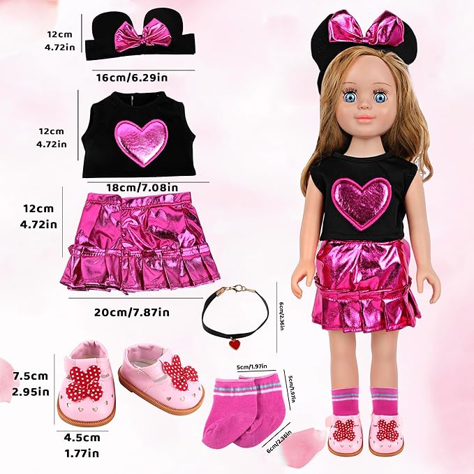 MSYO 18 Inch Doll Clothes & Accessories Set,Black Pink Heart Top & Metallic Pink Skirt Outfit with Mouse Ears Headband,Sunglasses,Socks,Shoes,Necklace,Fits 16-18 Inch Baby Dolls(Rose)