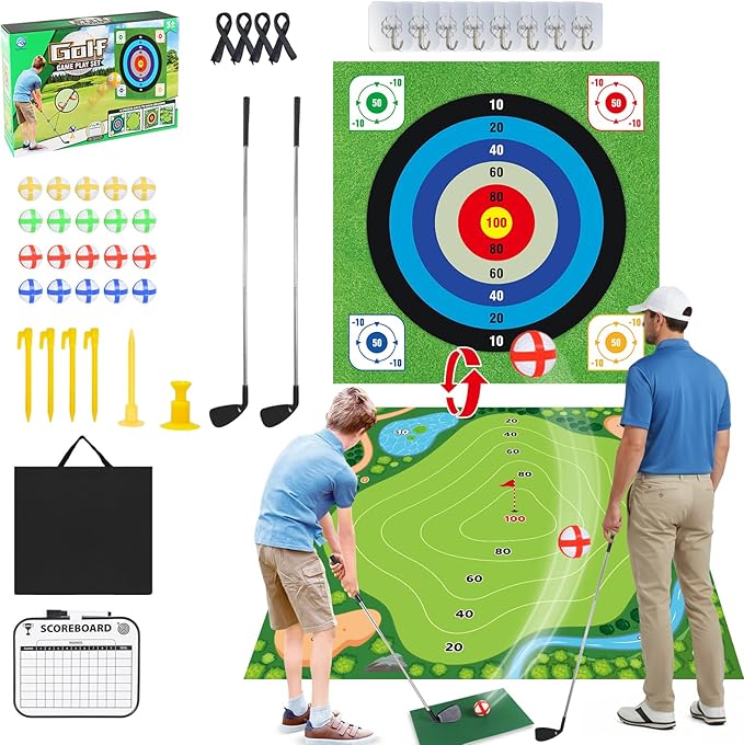 ASTRAEA Golf Chipping Game, Golf Battle Game with Hitting Mat for Kids Adults Indoor and Outdoor, 60" x 60" Double Sided Practice Mat with 2 Clubs & 20 Sticky Balls for Backyard