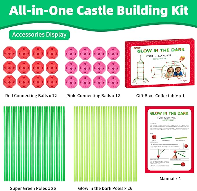 Awsoo Fort Building Kit for Kids 3 4 5 6 7 Glow in The Dark STEM Building Toys Indoor Outdoor Play Tent for Kids Construction Toys with 52 Poles and 24 Connecting Ball