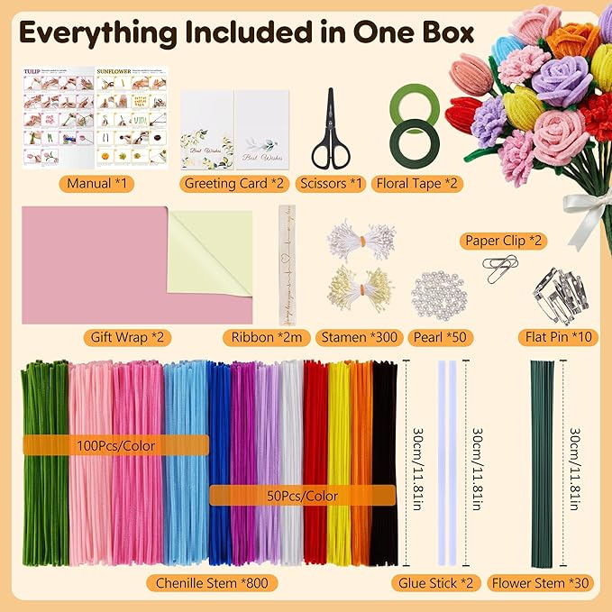 EARLY MINDS 800Pcs Pipe Cleaner Flower Bouquet Kit, 12 Colors Chenille Stems Craft Making Set with Floral Tape, Flower Stems, Gift Wrap & More, DIY Bouquet Handmade Gifts for Mother