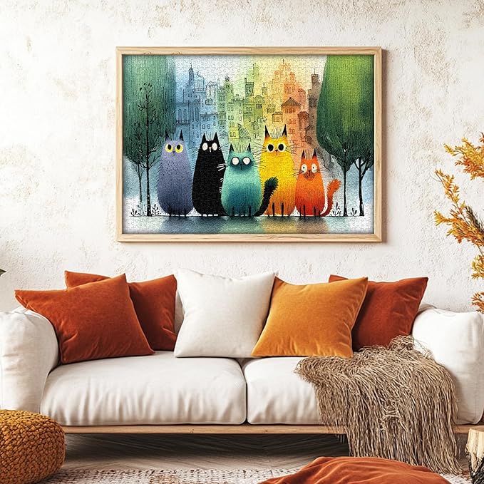PICKFORU Gradient Cat Puzzles for Adults 1000 Pieces, Colorful City Jigsaw Puzzle, Cute Kitten Puzzle as Wall Art Decor