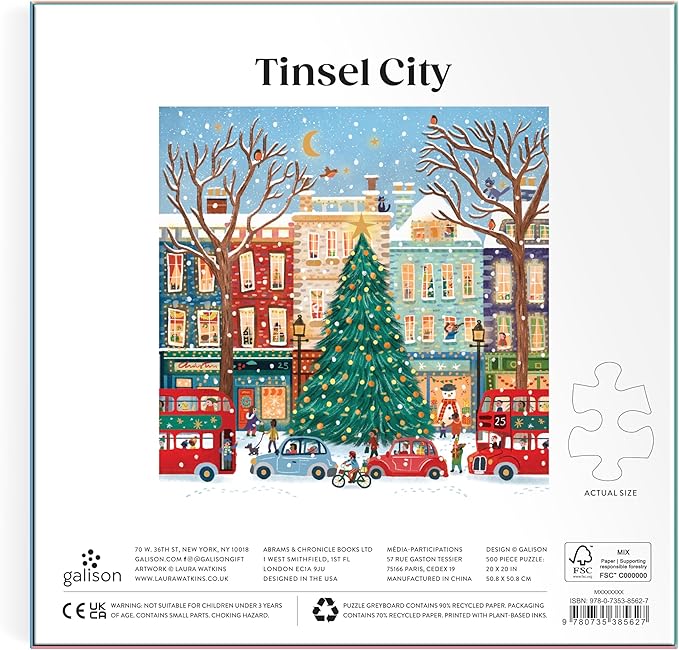Galison Tinsel City – 500 Piece Foil Jigsaw Puzzle Featuring Charming Artwork of Decorated Christmas Tinsel City Streets