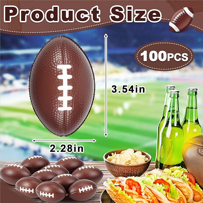 Wettarn 100 Pcs 3.54 Inch Mini Footballs Bulk Foam Small Soft Stress Sport Tiny Balls for Adults Indoor Outdoor Play Rewards Party Favors Gift Decorations (Brown)