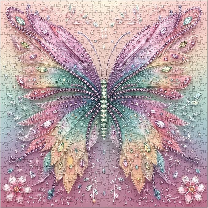 Fantasy Crystal Butterfly Puzzles for Adults 1000 Pieces, Beautiful Jewels of The Fluttering Wings Jigsaw Puzzle, Colorful Wings Flower Puzzles as Home Decor