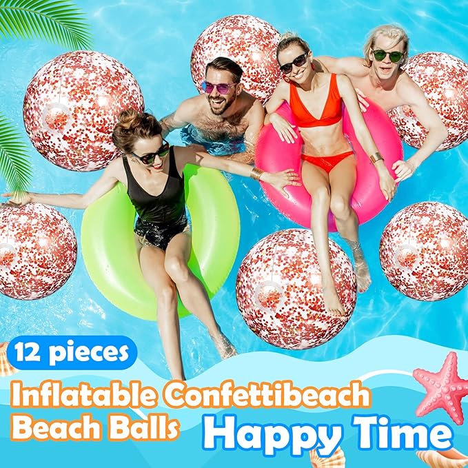 Lewtemi 12 Pcs Inflatable Glitter Beach Balls 16 Inch 24 Inch Shiny Giant Confetti Balls Swimming Pool Beach Blow up Balloon for Outdoor Summer Party Wedding Decor(Rose Gold)