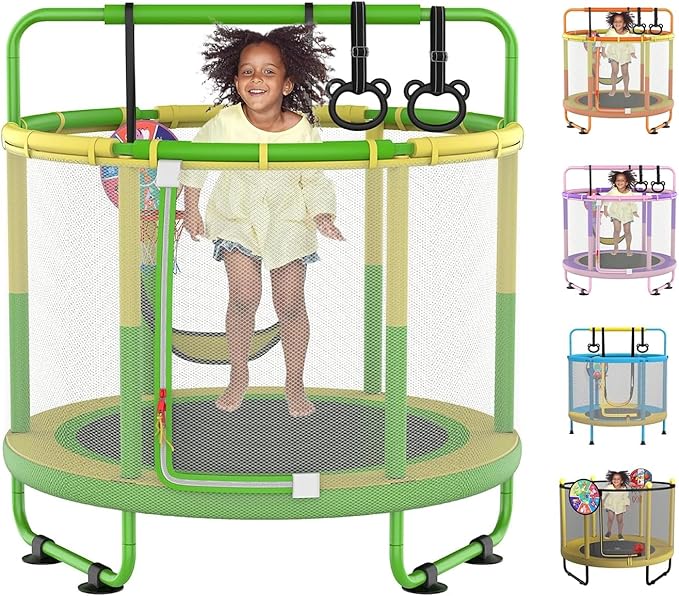LANGXUN 60" Trampoline for Kids, 5ft Toddler Mini 6-in-1 Trampoline Indoor Outdoor with Swing, Basketball Hoop, Dart Board, Rings, Christmas Toys Birthday Gifts for Girls Boys