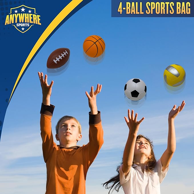 Nature Bound Mini 4-Ball Sports Bag - Soft Foam Balls Set for Kids - Basketball, Soccer, Volleyball, Football - Safe Indoor and Outdoor Play - No Pump Required - Mesh Storage Bag Included