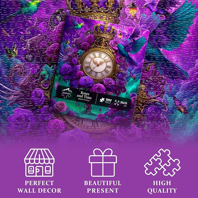 Fantasy Puzzles for Adults 1000 Pieces, Magic Landscape Clock Purple Flower Rose Jigsaw Puzzle, Bird Animal Colorful Challenge Puzzle