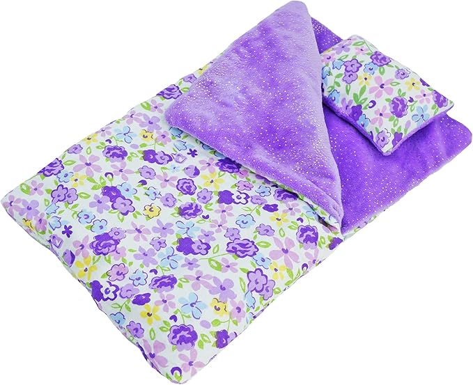 June Garden Cozy Dream Reversible Doll Sleeping Bag - 2-Piece Playset Doll Accessory with Pillow - Fits 14" American Girl Dolls - Gifts for Girls 2 3 4 Year Old
