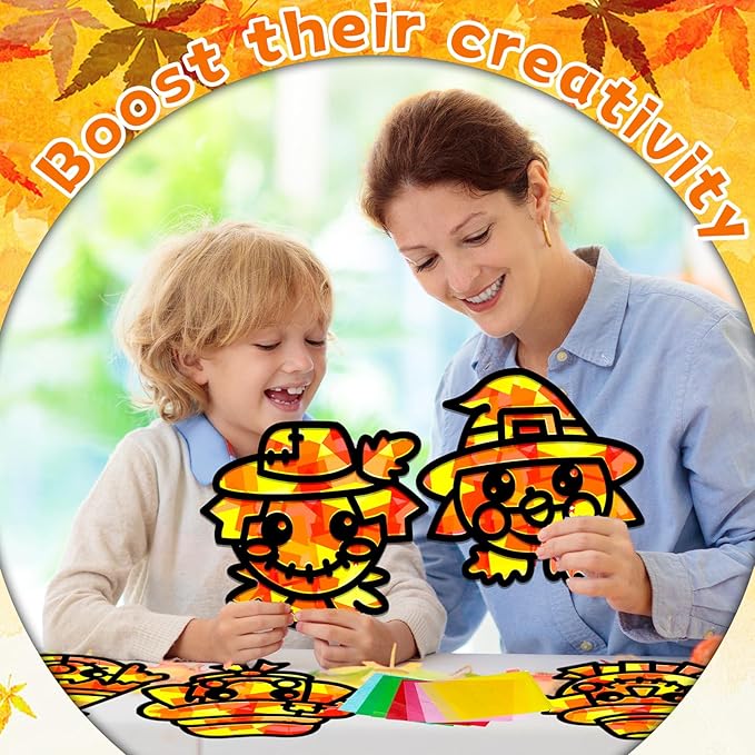 QOUBAI 32 Sets Fall Scarecrow Suncatchers Craft Kit DIY Window Stained Glass Effect Autumn Scarecrow Paper Crafts Home School Classroom Decoration Kid Birthday Gift Creative Art Project Activity Game