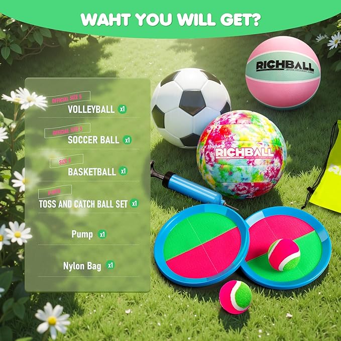 Richball 4-in-1 Outdoor Sports Ball Set for Kids – Soccer, Basketball, Volleyball and Toss & Catch Paddle Ball Game – All-in-One Gift Stocking Stuffers for Kids Boys & Girls Ages 3+