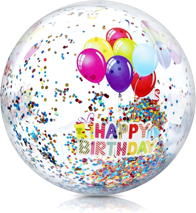4E's Novelty 22 Inch Large Happy Birthday Beach Ball with Glitter Inside, for Pool Birthday Decorations Supplies, Outdoor Yard Games, Inflatable Pool Toys for Kids Adults