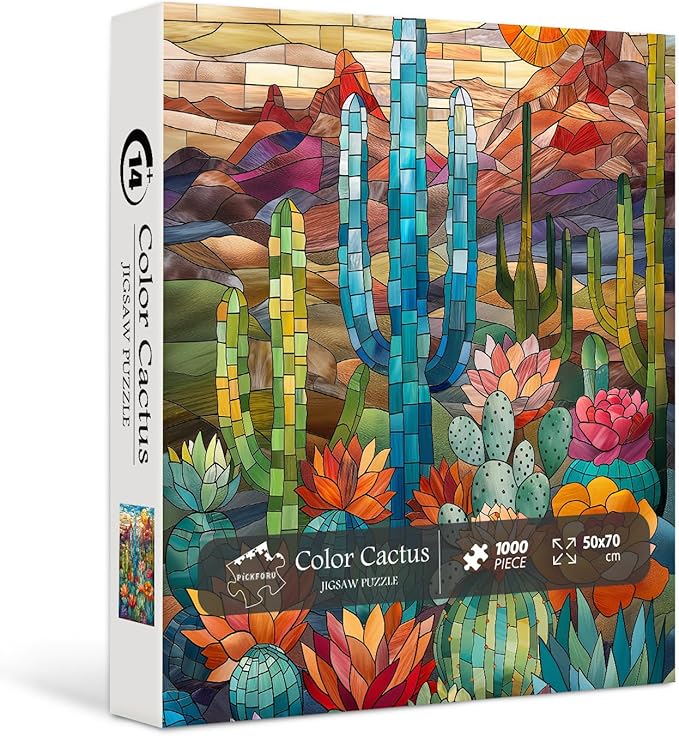 Cactus Puzzles for Adults 1000 Pieces and up, PICKFORU Stained Glass Puzzle Including Mosaic Art Cactus, Colorful Succulent Puzzles for Plant Lovers