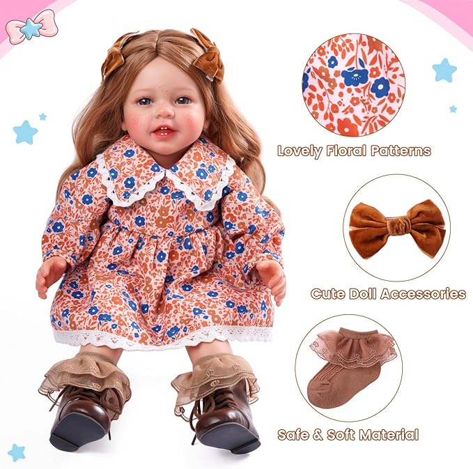 BABESIDE 5 Pcs Reborn Baby Doll Clothes Set for 17-22 Inch Dolls, Cute Floral Doll Dress with Bow Hair Clips Socks and Diaper Reusable for Reborn Baby Dolls Accessories