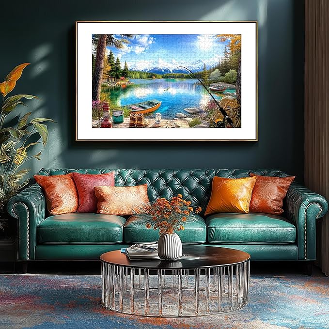 Lake Mountain Fishing Camp 300 Piece Puzzle for Adults, Fun Puzzles for Adults 300 Pieces with HD Print & Poster, 17"x11" Dust Free, for Gifts Halloween Christmas Family Games Lovers
