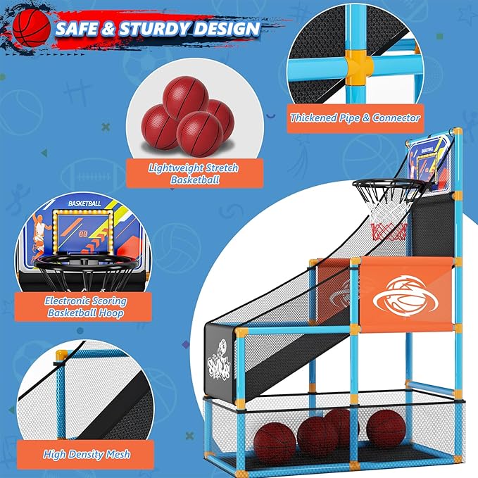 Arcade Basketball Game Set with Electronic Scoreboard&LED Light: Carnival Games Boy Toys Basketball Hoop Indoor Outdoor with 4 Balls & Air Pump Ideal Sports Toy Gifts for Kids 3-12 Years Old